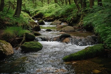 Fototapeta premium Forest creek with mossy rocks and flowing water