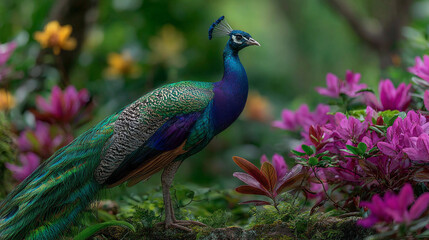Obraz premium Vibrant peacock displaying its feathers amidst blooming flowers in tropical garden
