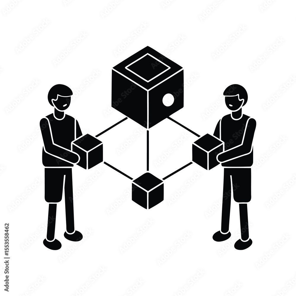Poster two individuals collaborating, sharing and connecting resources through a central server