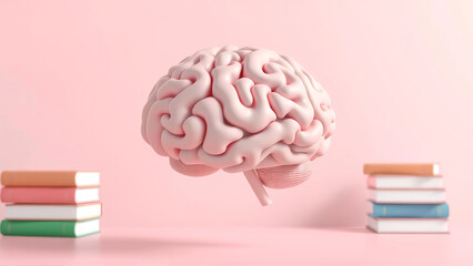 Illustration of a brain with books in the background in pastel pink tones – symbolic 3D render representing knowledge, learning, creativity, and education concepts