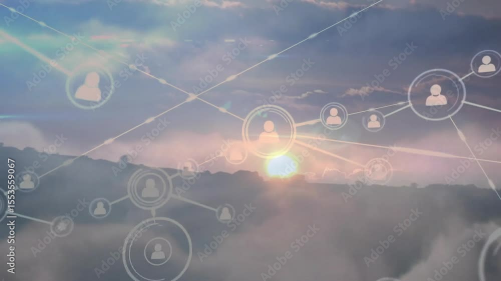 Poster sun peeking horizon creating circle extending lines to user nodes forming network above clouds