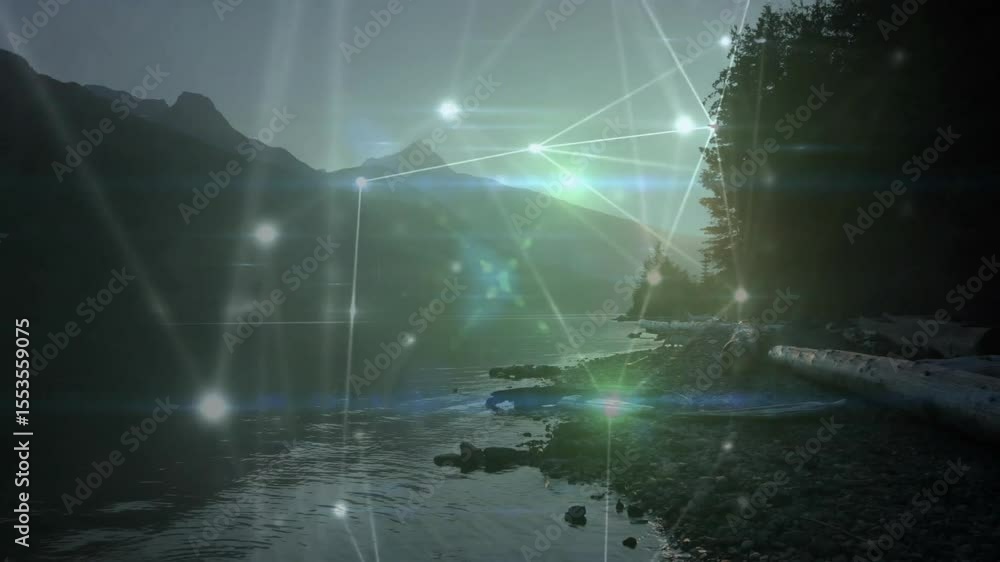 Poster glowing network appearing across lakeshore then pulsing, migrating and stabilizing data overlay