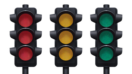 Traffic Lights: An eye-level view showcasing three traffic lights with the signal lights, conveying concepts of urban transportation and adherence to traffic rules.