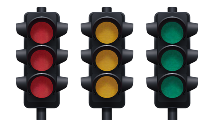 Traffic Lights: An eye-level view showcasing three traffic lights with the signal lights, conveying concepts of urban transportation and adherence to traffic rules.