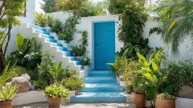 Charming Mediterranean courtyard with white walls, blue door, stairs, and lush green potted plants