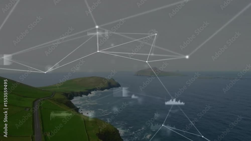 Poster overlay fading in over cliffs and sea, nodes linking, clusters converging showing connectivity
