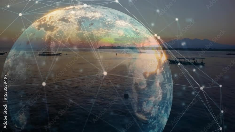 Poster sunset glow activating wireframe globe rising over seascape, pulsing network nodes visualizing data