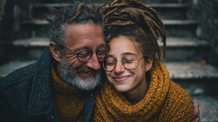 A smiling father wearing glasses embraces his adult daughter on outdoor steps as they share a heartfelt moment