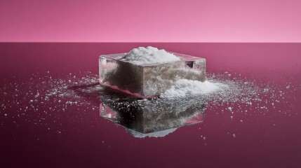 Sugar coated Turkish delight square candy on glossy pink background with sugar dust and sweet texture