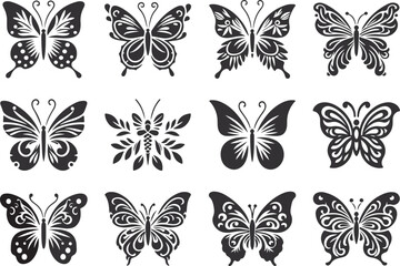 Beautiful Butterfly Silhouette Vector Illustrations, A seamless vector set of black and white butterfly silhouettes, perfect for nature-inspired illustrations, tattoos, and decorative patterns