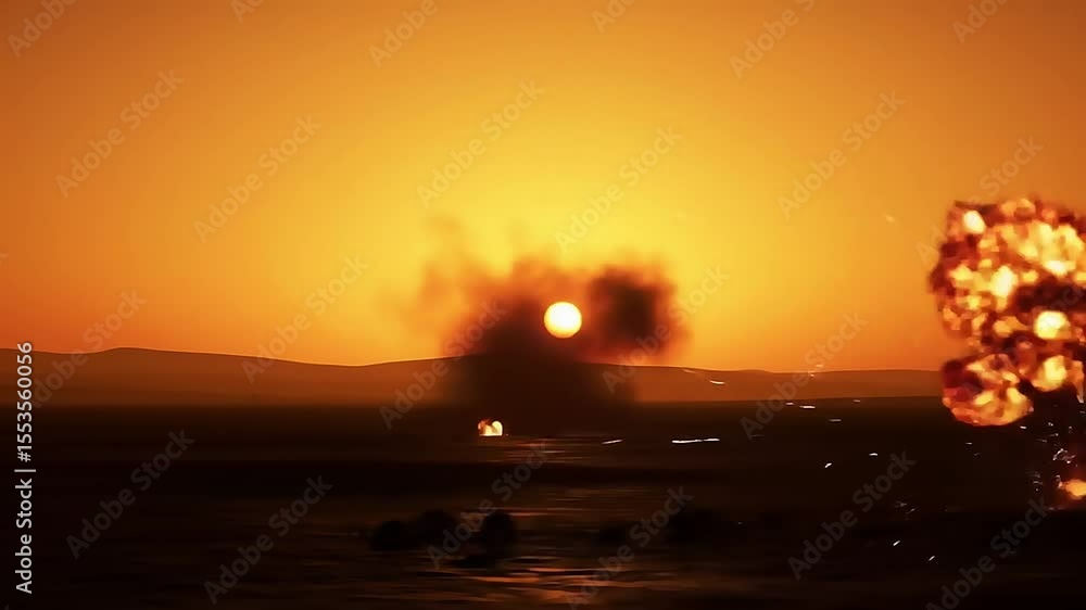 Wall mural explosions accompanying a static shot of a horizon