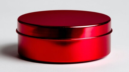 Glossy red metal tin on grey background with strong reflections for cosmetic packaging product photography