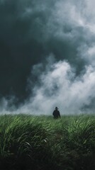 Farmer working through a rain shower in a green field