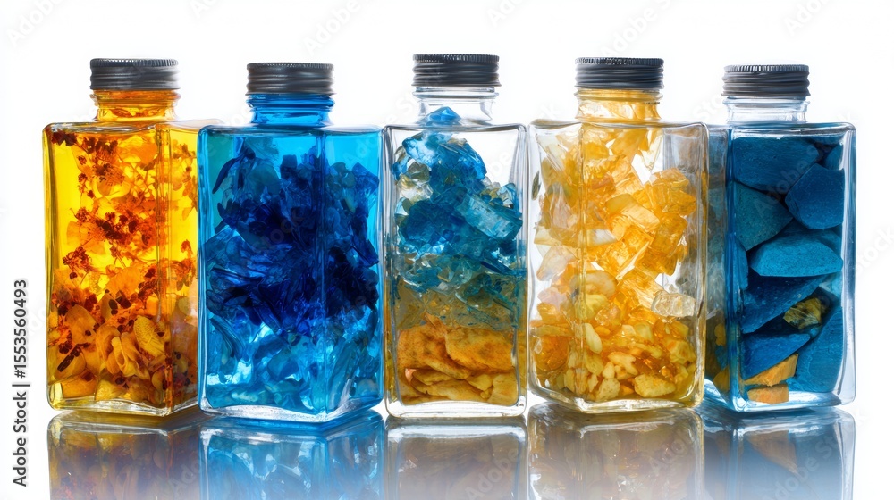 Poster glass bottles filled with colorful liquids and flower petals arranged in gradient light setup for vi