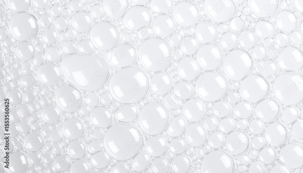 Poster close-up of transparent soap bubbles creating a textured pattern on a white surface, perfect for bac