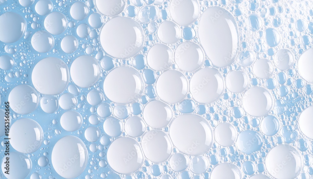 Poster macro close-up of transparent soap bubbles on a light blue background creating a decorative and abst