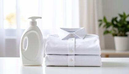 Clean white dress shirts neatly folded with a mockup laundry detergent positioned on a table, bright natural light in the background