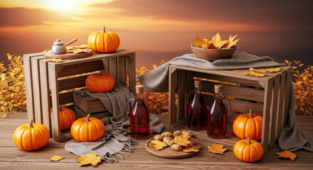 Warm autumn harvest with pumpkins, crates, and sunset glow