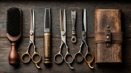 Hair cutting scissors and accessories are neatly arranged on a wooden surface, highlighting tools of the hairdressing trade