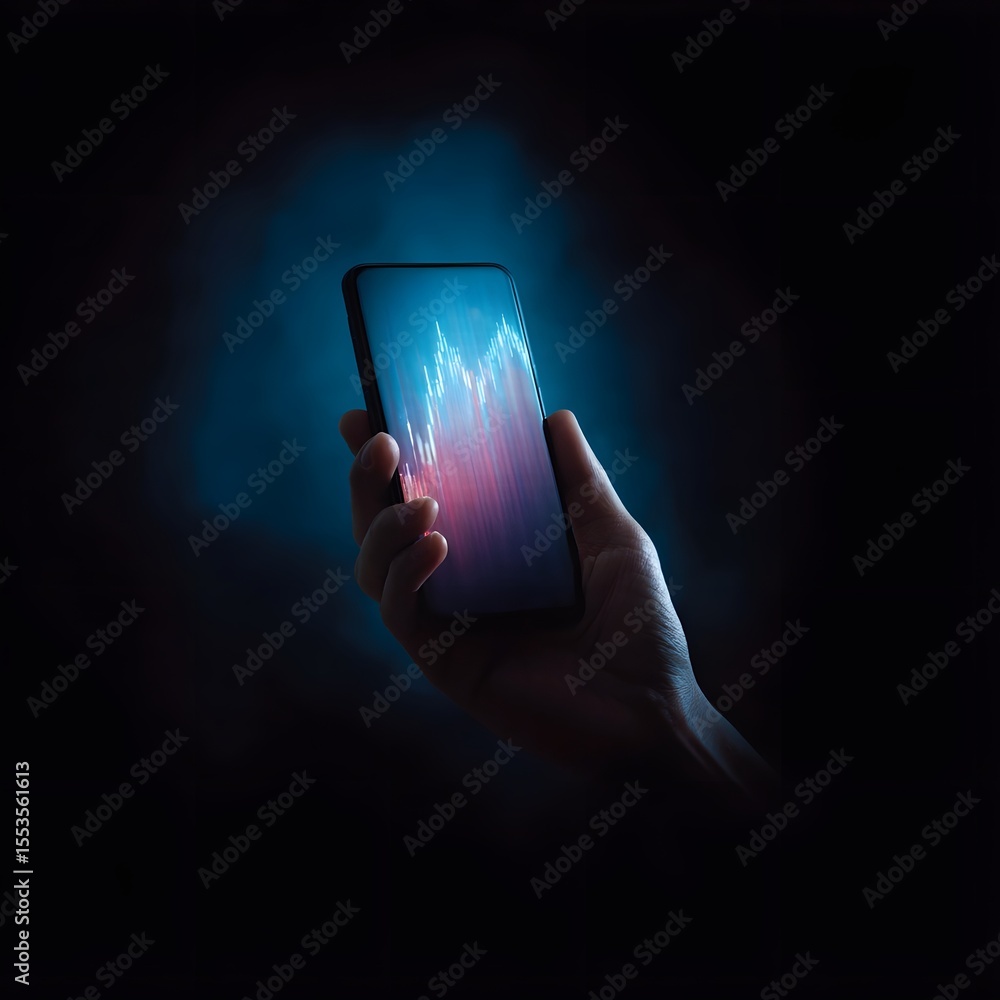 Poster hand holding smartphone displaying digital asset performance chart