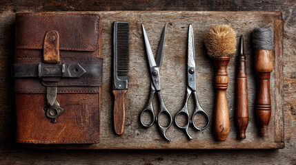 Hair cutting scissors and accessories are neatly arranged on a wooden surface, highlighting tools of the hairdressing trade