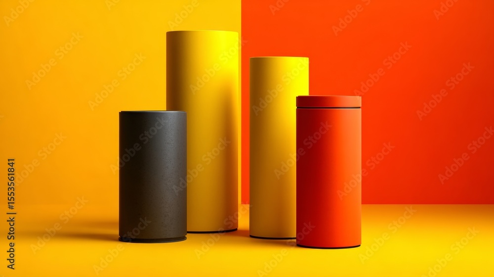 Poster cylindrical objects in yellow and red color blocking layout on modern vibrant minimalist background 