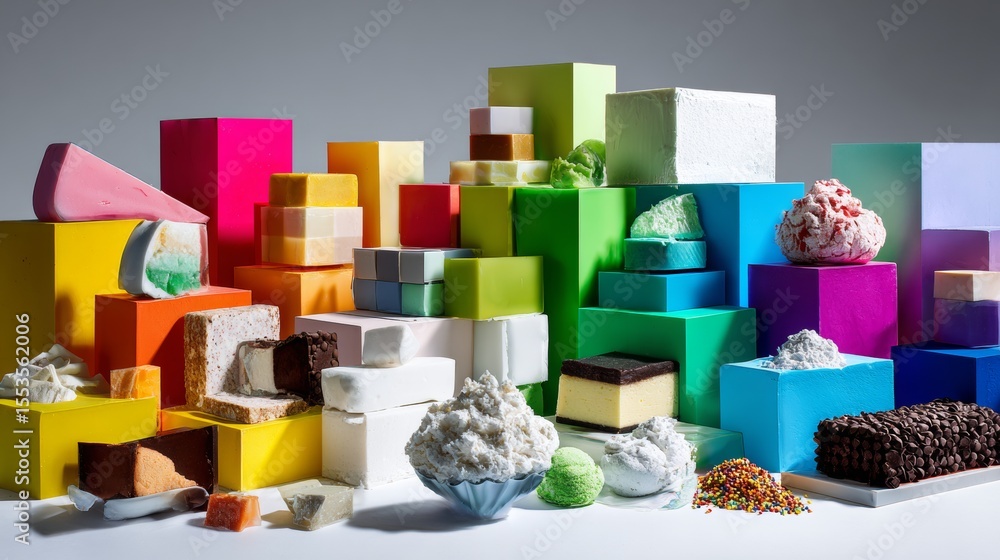 Poster colorful packaging boxes in geometric pattern for creative branding layout and product display mocku