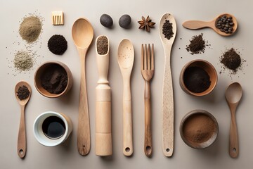 Flat Lay of Wooden Spoons, Bowls, and Spices A Culinary Still Life