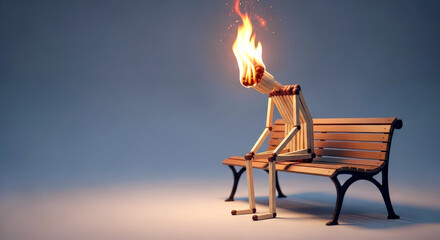 Burning matchstick figure on bench, conceptual digital art symbolizing exhaustion and burnout with soft shadows