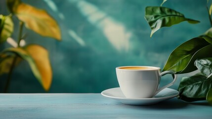 Cup of tea with tropical leaves in green natural sunlight setting for relaxation beverage wellness theme