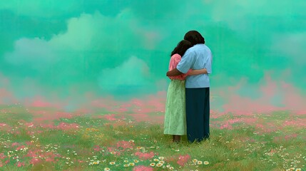 Fototapeta premium Joyful embrace of a couple in a blooming meadow nature scene romantic mood vibrant atmosphere