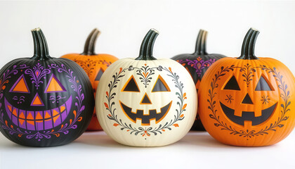 Creatively cute hand painted Halloween pumpkins variety with happy faces and decorations