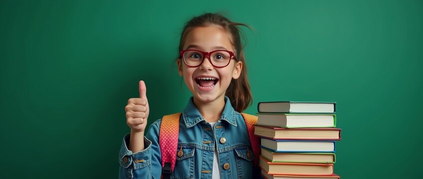 happy schoolboy with books showing thumbs up, back to school banner - Powered by Adobe
