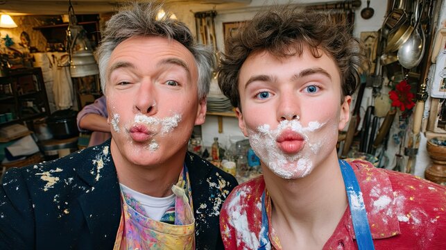 Father and son baking cookies together in the kitchen playful moments floury fun family bonding