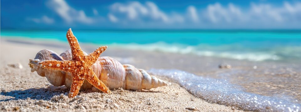 Seashells and starfish on a tropical beach (1) - Powered by Adobe