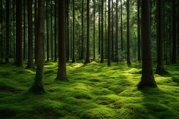 Obraz premium Peaceful pine forest with green moss and trees