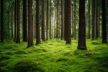 Summer forest with sunlight and mossy floor