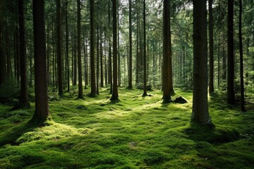 Naklejka premium Lush forest floor with moss and tree trunks