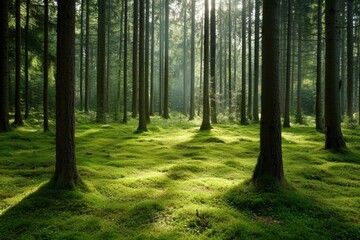 Naklejka premium Forest clearing with vibrant moss and tall pines
