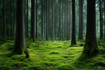 Obraz premium Silent pine forest with thick moss layer