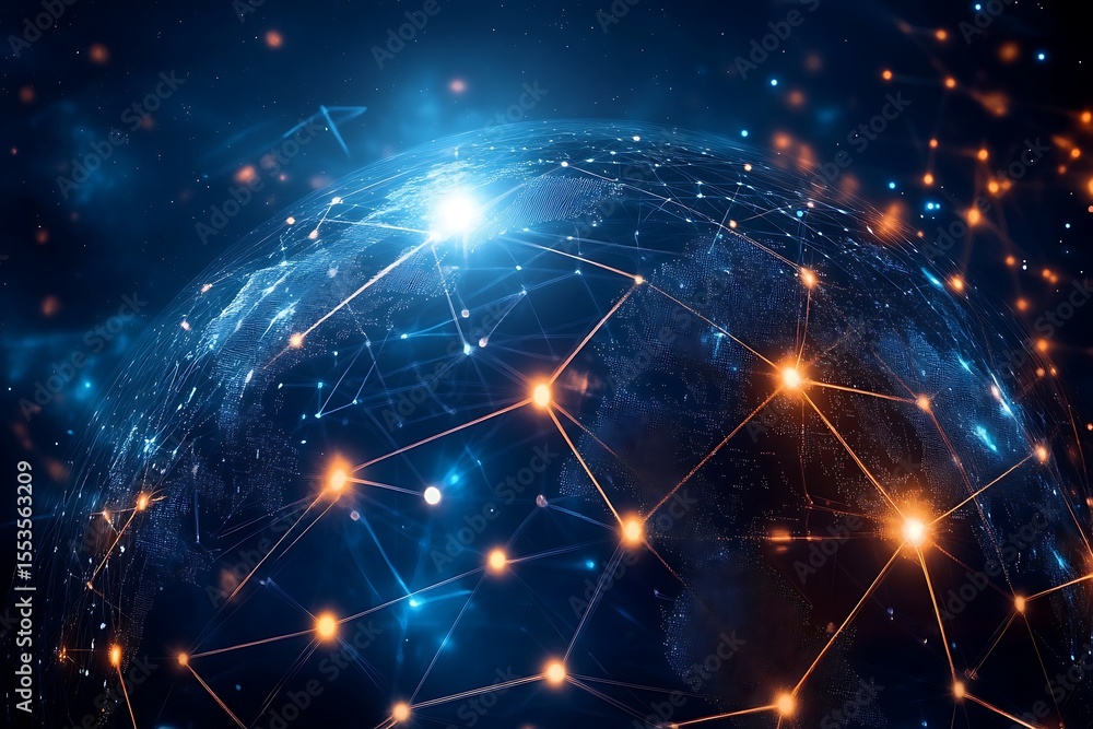Poster Connected World Map Network Lines Glowing Dots in Blue Tone Abstract Background