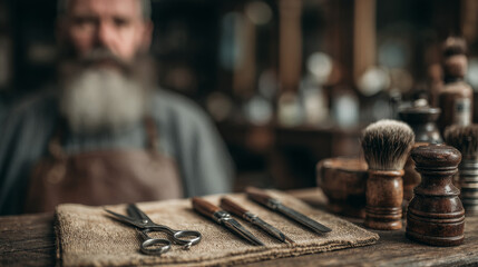 Scissors and shaving tools feature prominently in a vintage-style barbershop with a bearded man ready for a haircut and shave