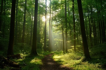 Obraz premium Sunlight filtering through forest trail