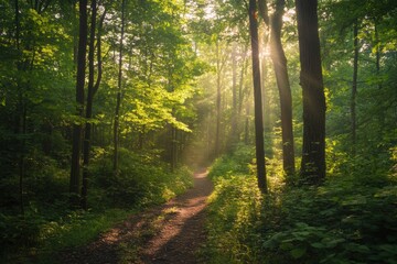 Naklejka premium Wooden forest path in golden light