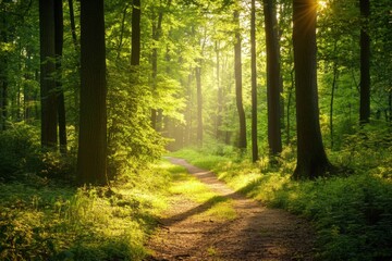 Obraz premium Nature trail through vibrant green woods