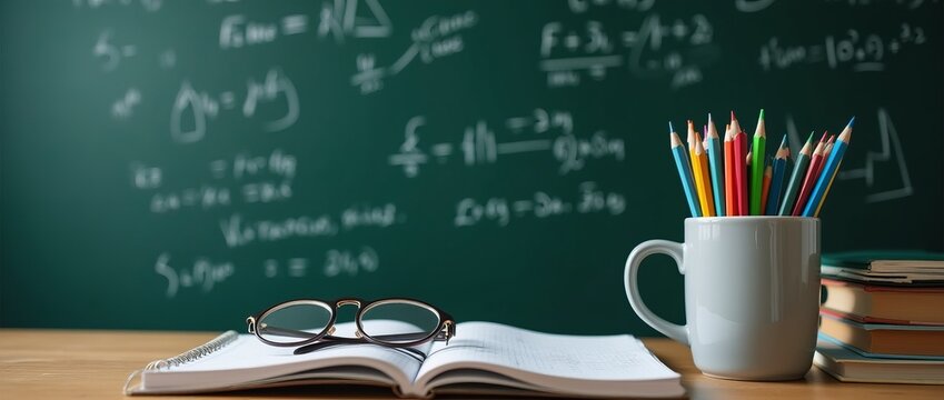 Back to school banner, classroom desk with books, glasses and pencils in front of chalkboard