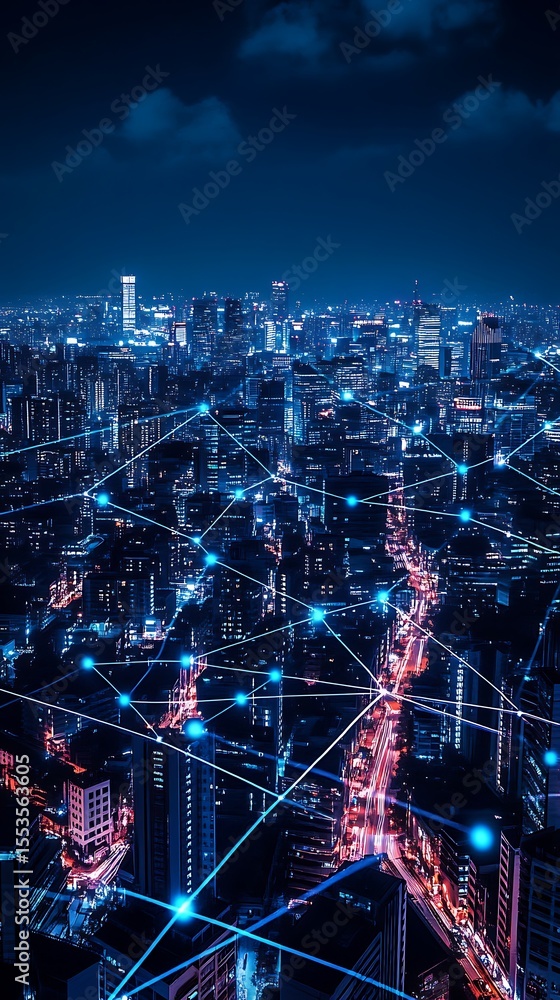 Poster dark cityscape at night with digital connection network and glowing light trails