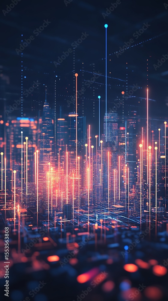 Poster digital cityscape with glowing nodes and lines on buildings infrastructure