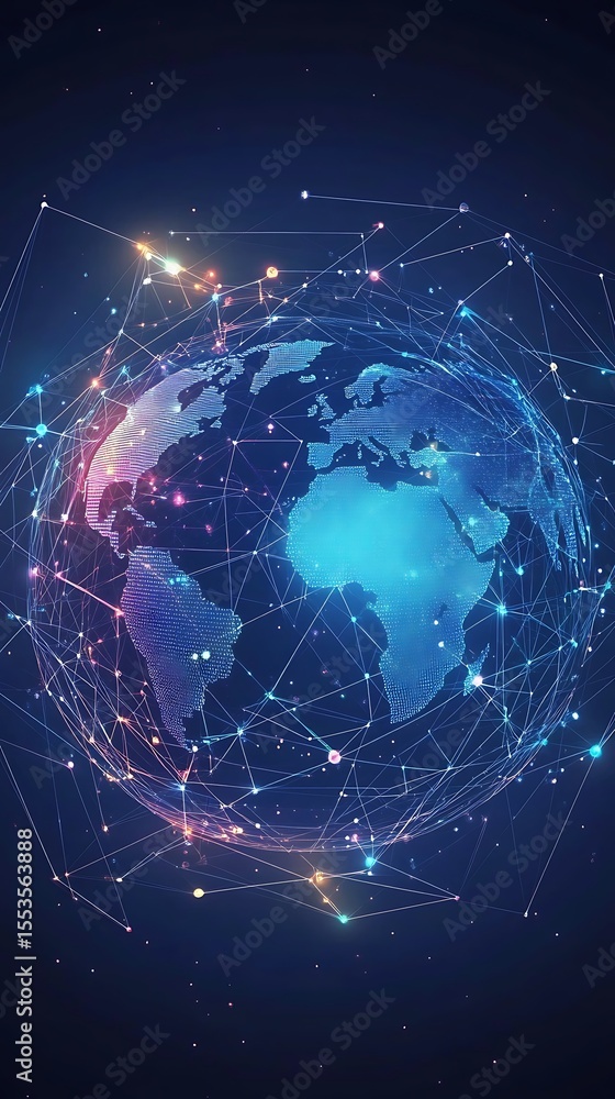 Poster digital globe with connected network lines against a dark blue gradient sky