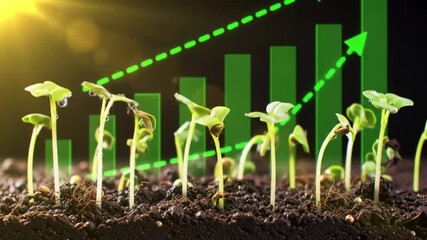 Seedlings Growing with Rising Green Bar Graph and Arrow Business Growth and Financial Success Concept - Powered by Adobe